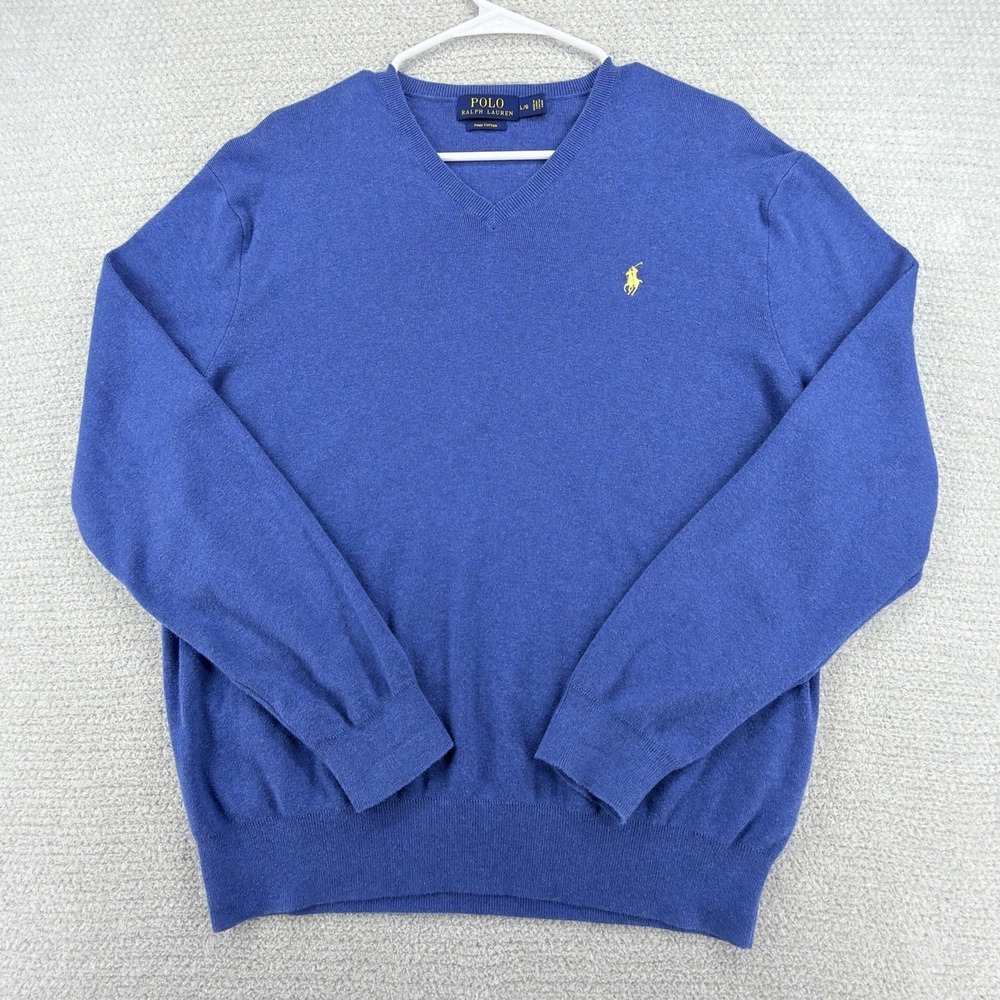 Polo Ralph Lauren Sweater Mens L Blue Pima Cotton V Neck Yellow Pony Pullover